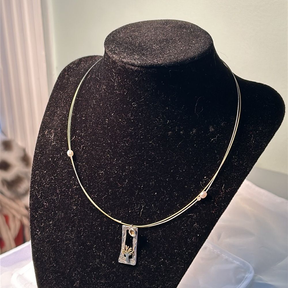 Vintage artisan signed Sterling Silver and gold tone necklace with pearl accent